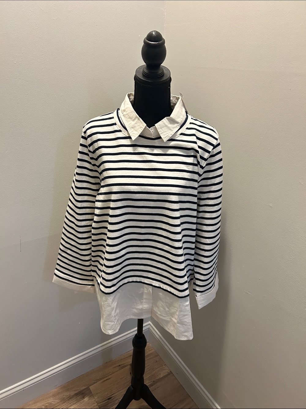 Ann Taylor Navy & White Striped Layered-Collar Sweater Top